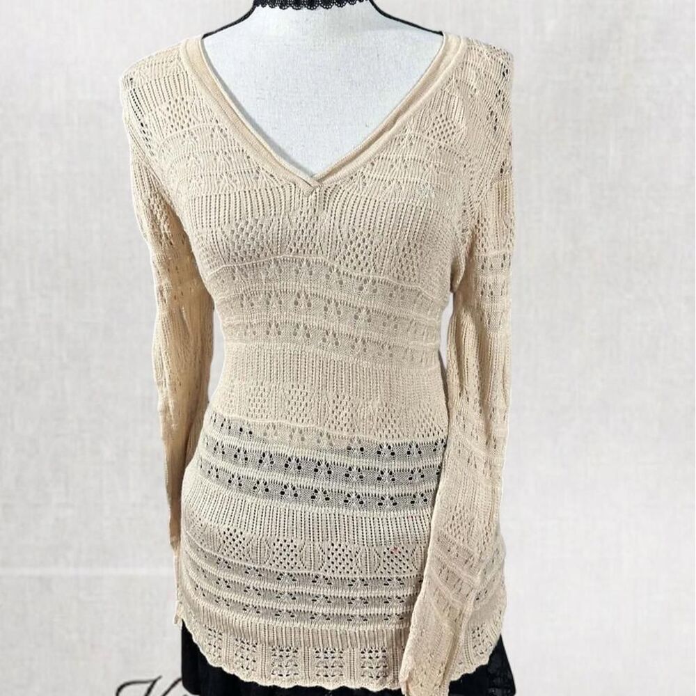 Y2K Preppy Cottagecore Open Knit Cream V-neck Long Sleeve Top